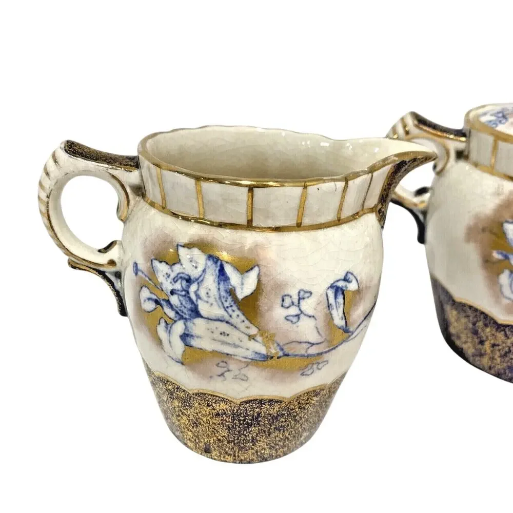Vintage porcelain creamer & covered sugar bowl cobalt blue white and gold floral